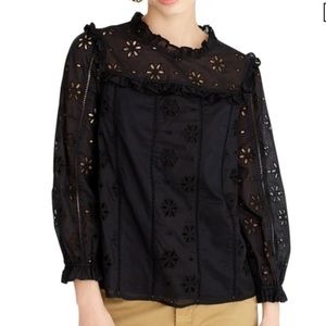 J CREW Black Eyelet Lace Ruffle Neckline Shirt